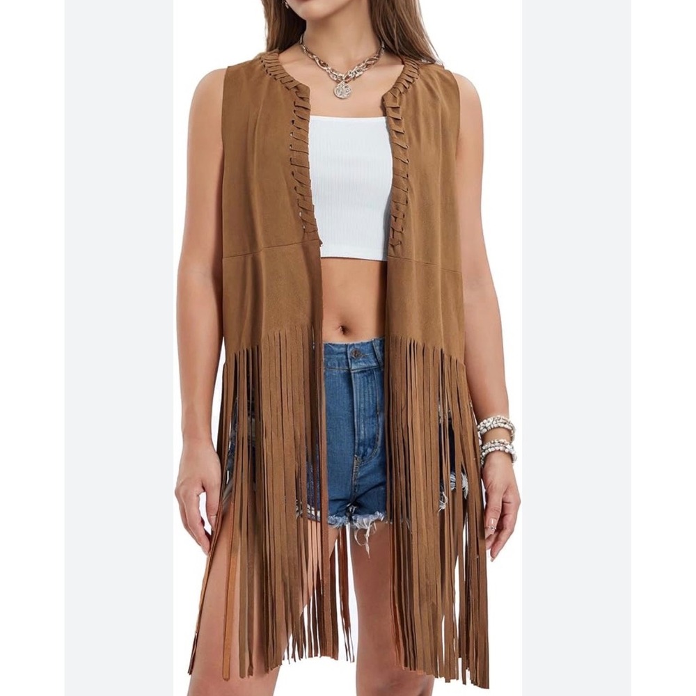 Womens Faux Suede Fringe Vest Cognac Brown Boho‎ Festival Western XS Festival